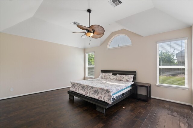 13315 Edison Trace Ln, Tomball, TX 77377 - bedroom with wood finished floors, a ceiling fan, visible vents, baseboards, and vaulted ceiling