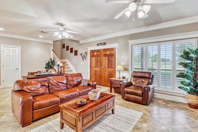 3026 Dees Cir, Sealy, TX 77474 - living area with a ceiling fan, recessed lighting, visible vents, crown molding, and stairway