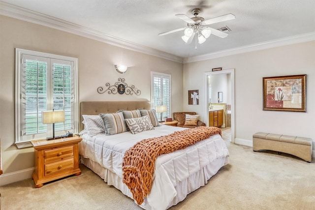 3026 Dees Cir, Sealy, TX 77474 - bedroom featuring multiple windows, light carpet, visible vents, and crown molding
