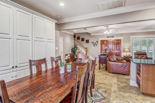 3026 Dees Cir, Sealy, TX 77474 - dining room featuring recessed lighting, ceiling fan, visible vents, crown molding, and stairway