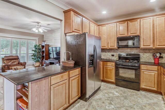 3026 Dees Cir, Sealy, TX 77474 - kitchen featuring tasteful backsplash, open shelves, black appliances, crown molding, and ceiling fan