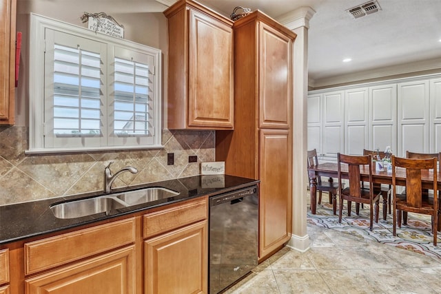 3026 Dees Cir, Sealy, TX 77474 - kitchen with a sink, tasteful backsplash, dark stone counters, visible vents, and dishwasher