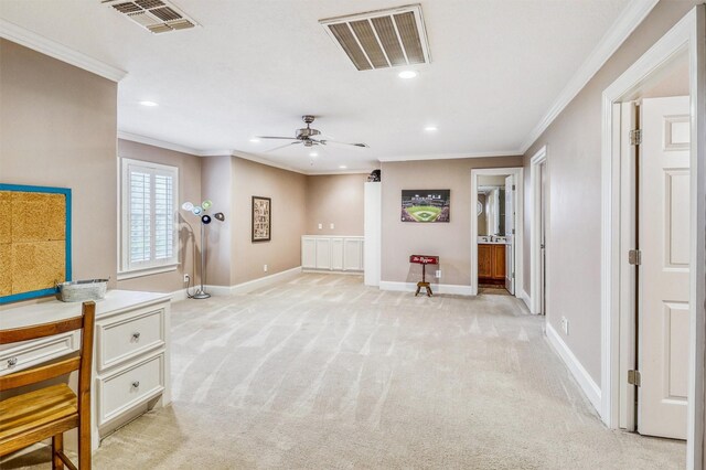 3026 Dees Cir, Sealy, TX 77474 - interior space featuring crown molding, light carpet, a ceiling fan, and visible vents