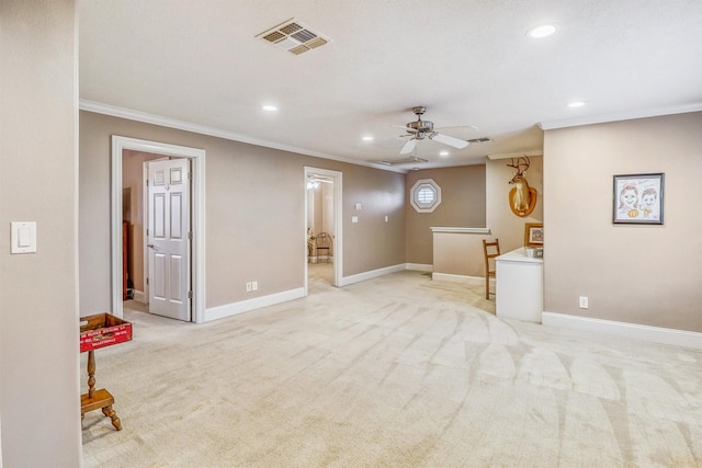 3026 Dees Cir, Sealy, TX 77474 - basement with light colored carpet, visible vents, recessed lighting, crown molding, and ceiling fan