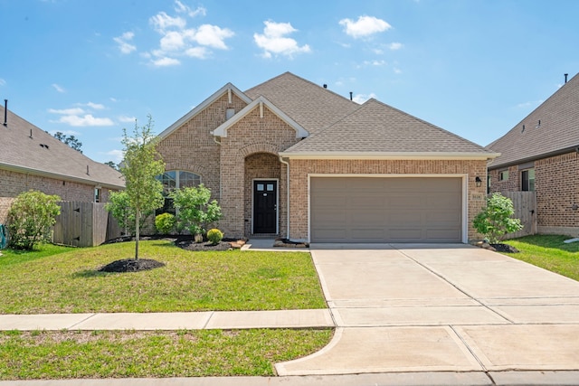 view of front of home featuring concrete driveway, brick siding, an attached garage, and a front lawn