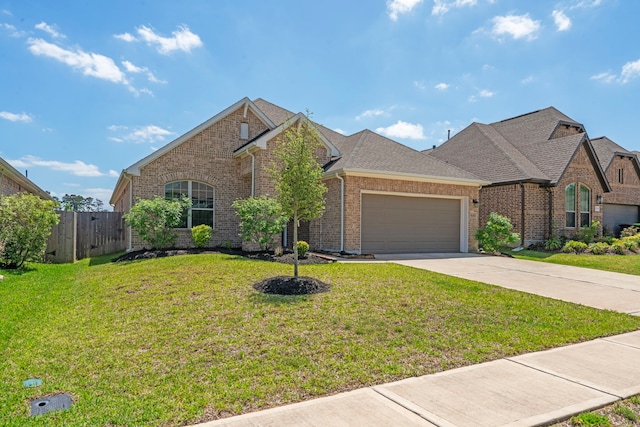 view of front of home with a front yard, fence, brick siding, a garage, and concrete driveway
