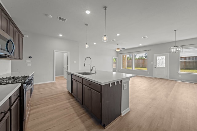 kitchen featuring visible vents, a sink, light wood-type flooring, dark brown cabinets, and stainless steel appliances