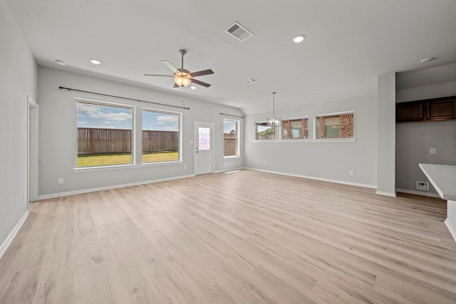unfurnished living room featuring visible vents, baseboards, ceiling fan, recessed lighting, and light wood-style flooring