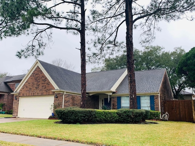 ranch-style home with fence, a front lawn, brick siding, an attached garage, and driveway