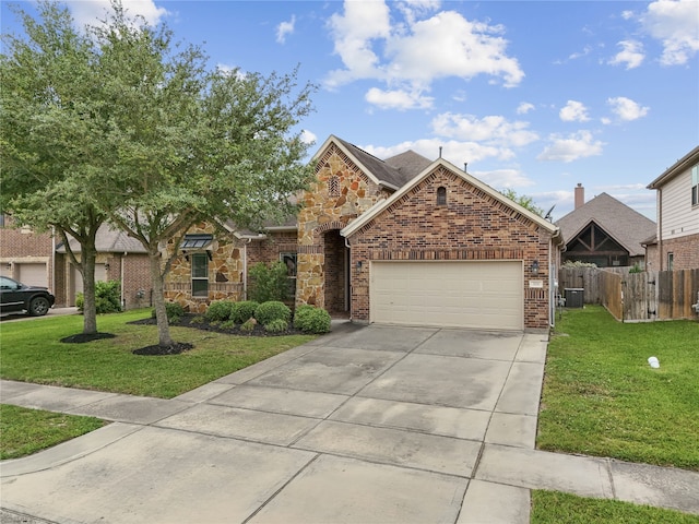321 Westwood Dr, League City, TX 77573 - view of front of home with central air condition unit, a garage, concrete driveway, brick siding, and stone siding