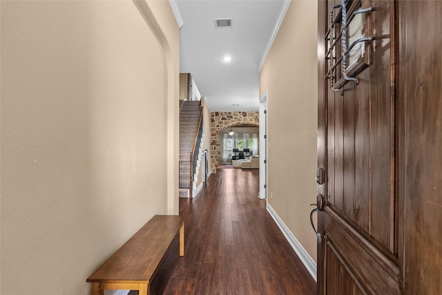 321 Westwood Dr, League City, TX 77573 - corridor with dark wood-style flooring, ornamental molding, baseboards, and recessed lighting