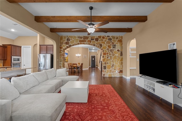 321 Westwood Dr, League City, TX 77573 - living area with arched walkways, dark wood-type flooring, a ceiling fan, beamed ceiling, and recessed lighting