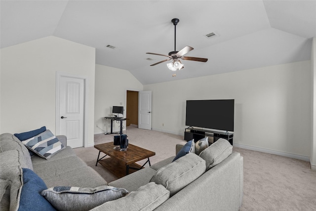 321 Westwood Dr, League City, TX 77573 - living area with vaulted ceiling, light colored carpet, a ceiling fan, and baseboards