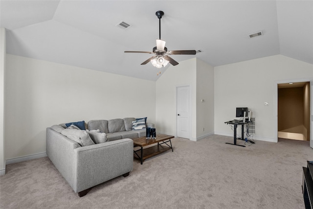 321 Westwood Dr, League City, TX 77573 - living area with lofted ceiling, light carpet, ceiling fan, baseboards, and a desk