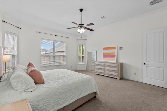 321 Westwood Dr, League City, TX 77573 - bedroom with carpet, ornamental molding, baseboards, and a ceiling fan