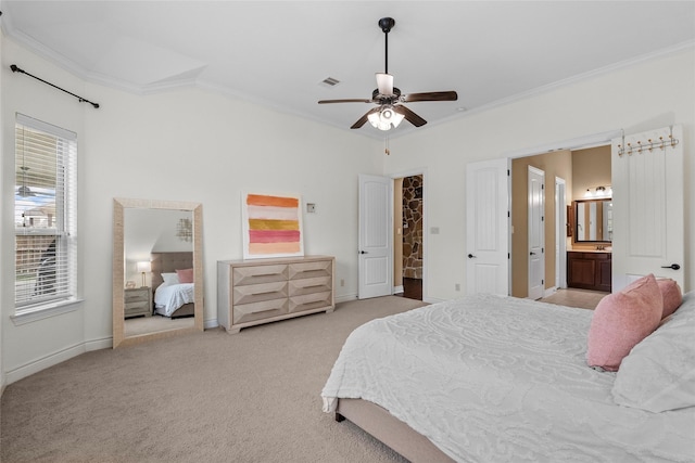 321 Westwood Dr, League City, TX 77573 - bedroom featuring crown molding, light colored carpet, baseboards, connected bathroom, and ceiling fan