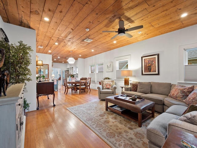 824 Sledge St, Houston, TX 77009 - living area with wooden ceiling, a ceiling fan, light wood-type flooring, and recessed lighting