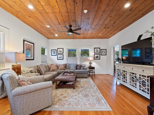824 Sledge St, Houston, TX 77009 - living room featuring wooden ceiling, ceiling fan, wood finished floors, recessed lighting, and baseboards