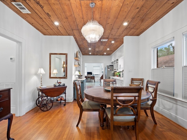 824 Sledge St, Houston, TX 77009 - dining room featuring wood ceiling, light wood-style flooring, recessed lighting, baseboards, and a chandelier