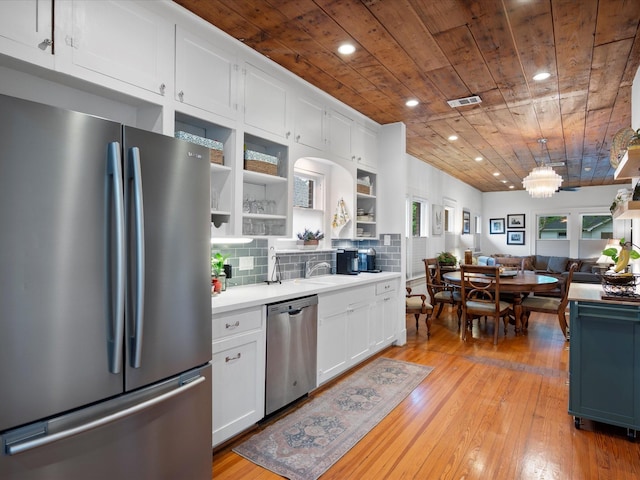 824 Sledge St, Houston, TX 77009 - kitchen featuring stainless steel appliances, wooden ceiling, open shelves, recessed lighting, and white cabinetry