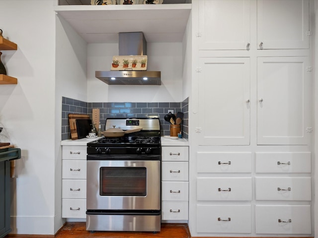 824 Sledge St, Houston, TX 77009 - kitchen featuring gas range, open shelves, white cabinets, decorative backsplash, and under cabinet range hood