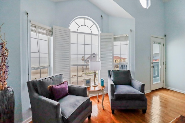 living area featuring baseboards, wood finished floors, and high vaulted ceiling