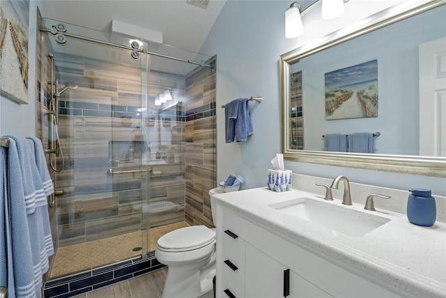 bathroom with vanity, toilet, and a stall shower