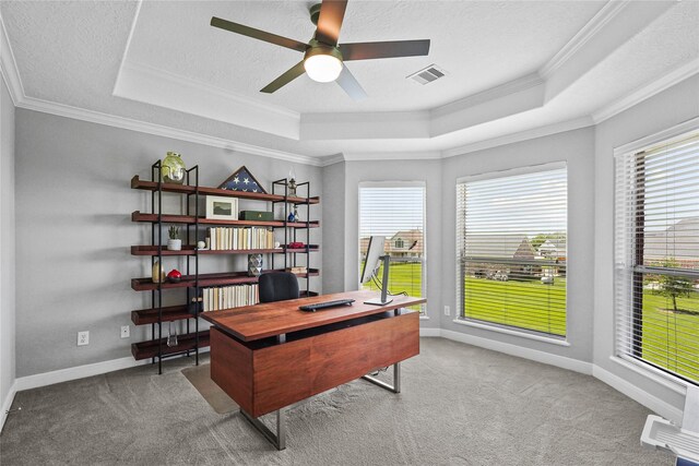 carpeted office with ceiling fan, ornamental molding, visible vents, a raised ceiling, and baseboards