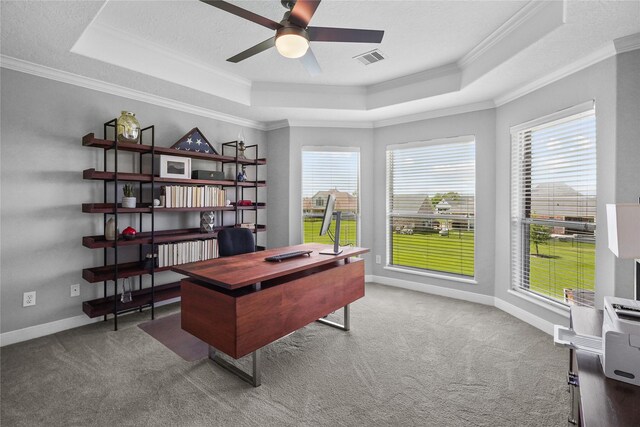 carpeted office space with a tray ceiling, a ceiling fan, ornamental molding, visible vents, and baseboards