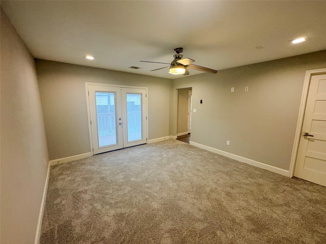 3060 Noble St, Houston, TX 77026 - empty room featuring visible vents, baseboards, ceiling fan, carpet floors, and french doors