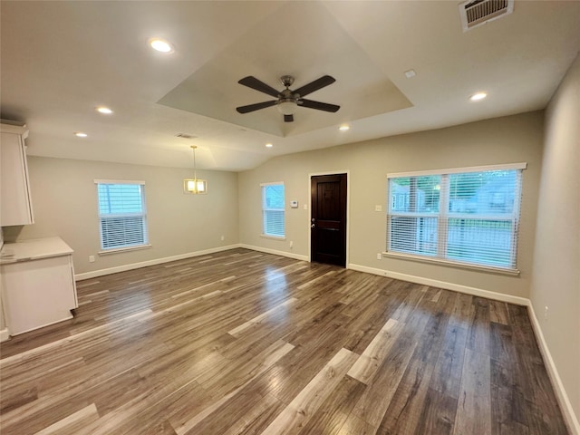 3060 Noble St, Houston, TX 77026 - unfurnished living room with visible vents, ceiling fan, recessed lighting, and wood finished floors