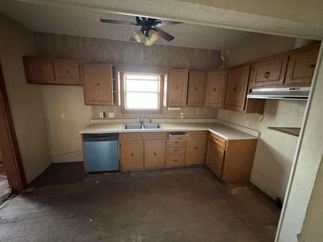 1302 S 23rd St, Temple, TX 76504 - kitchen featuring light countertops, under cabinet range hood, ceiling fan, dishwasher, and a sink