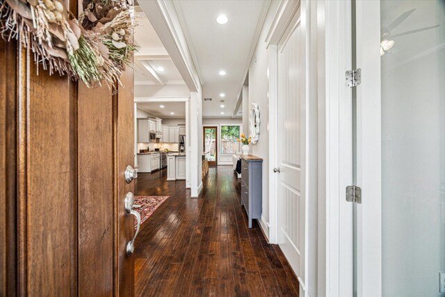 1411 Overhill St, Houston, TX 77018 - hall featuring crown molding, recessed lighting, and dark wood finished floors