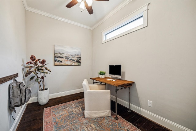 1411 Overhill St, Houston, TX 77018 - office featuring wood finished floors, ceiling fan, ornamental molding, and baseboards
