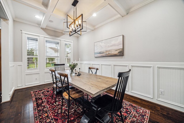 1411 Overhill St, Houston, TX 77018 - dining room featuring coffered ceiling, beamed ceiling, wainscoting, a chandelier, and dark wood-style flooring