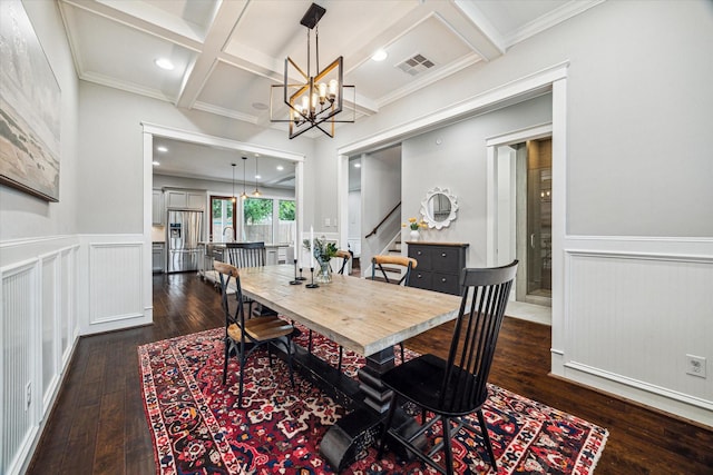 1411 Overhill St, Houston, TX 77018 - dining space with stairway, coffered ceiling, visible vents, dark wood-style flooring, and a notable chandelier