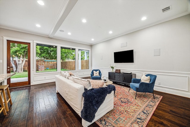 1411 Overhill St, Houston, TX 77018 - living area featuring recessed lighting, hardwood / wood-style floors, ornamental molding, a wainscoted wall, and visible vents
