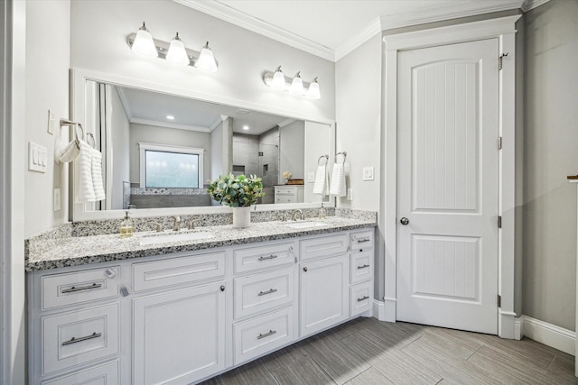 1411 Overhill St, Houston, TX 77018 - full bath with a shower stall, crown molding, a sink, and double vanity