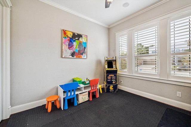 1411 Overhill St, Houston, TX 77018 - playroom with baseboards, crown molding, and carpet floors