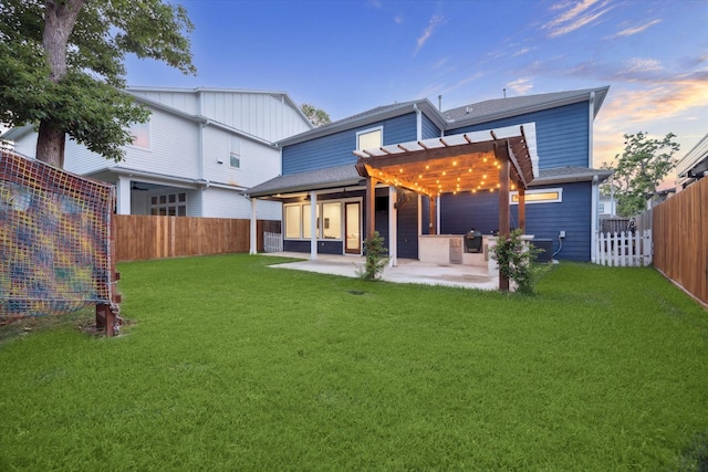1411 Overhill St, Houston, TX 77018 - rear view of house featuring a fenced backyard, a pergola, a yard, and a patio