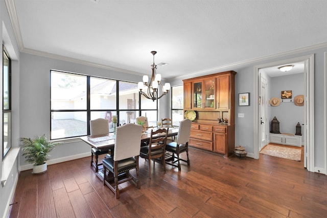 11445 Majestic Dr, Montgomery, TX 77316 - dining space featuring baseboards, ornamental molding, a notable chandelier, and dark wood-style floors