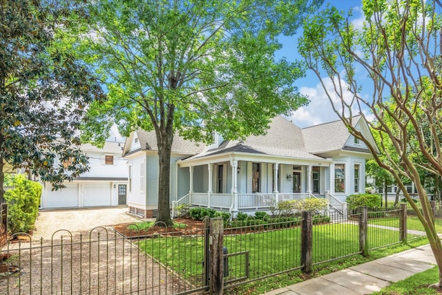 view of front of home featuring covered porch, a fenced front yard, a garage, a front lawn, and a shingled roof