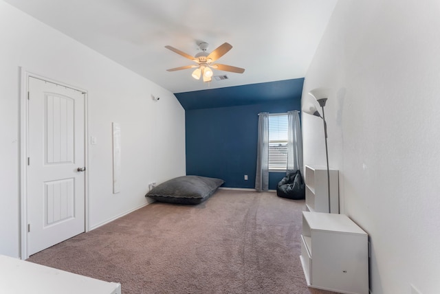 23830 Via Leoni Dr, New Caney, TX 77357 - carpeted bedroom featuring a ceiling fan and lofted ceiling