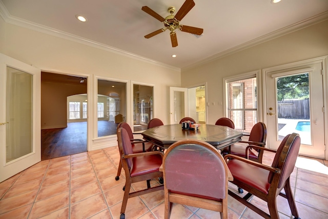 dining area featuring recessed lighting, crown molding, a ceiling fan, and light tile patterned flooring
