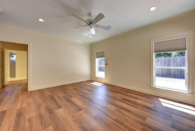 spare room featuring a wealth of natural light, recessed lighting, and crown molding