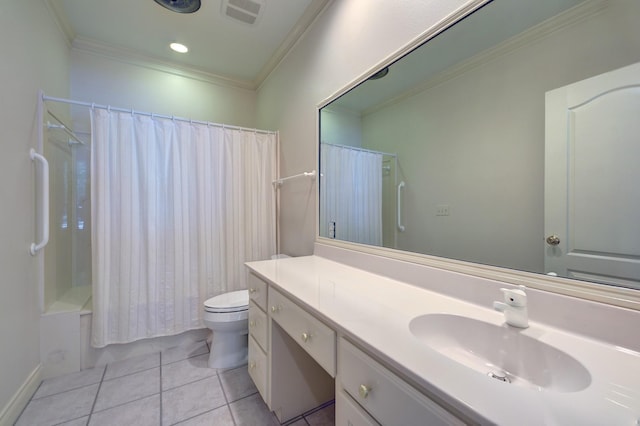 bathroom featuring vanity, tile patterned floors, crown molding, toilet, and visible vents