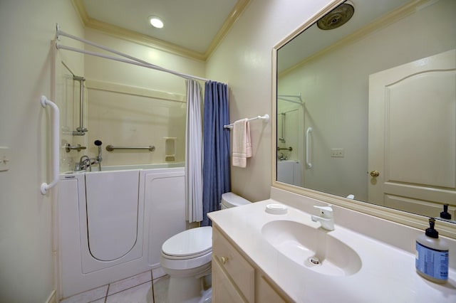 full bath featuring vanity, ornamental molding, tile patterned flooring, toilet, and shower / tub combo with curtain