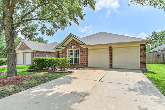 single story home featuring a garage, brick siding, a shingled roof, and driveway