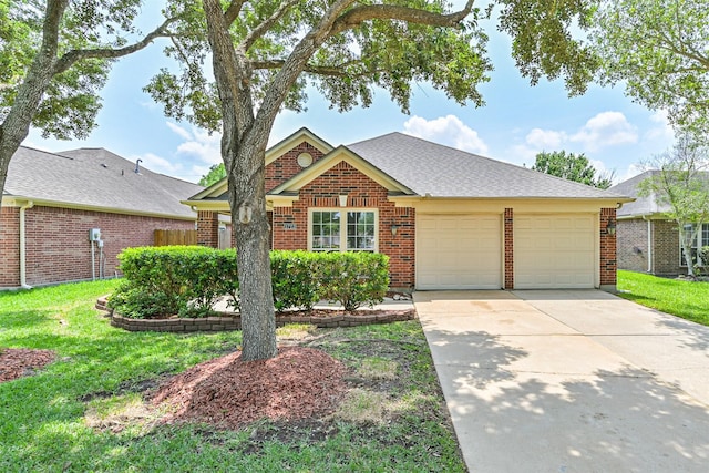 view of front facade featuring a garage, brick siding, a shingled roof, and driveway