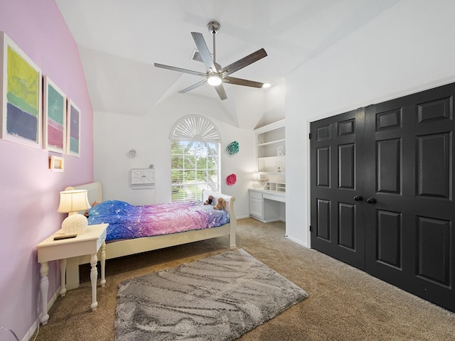 bedroom featuring baseboards, carpet, ceiling fan, and lofted ceiling